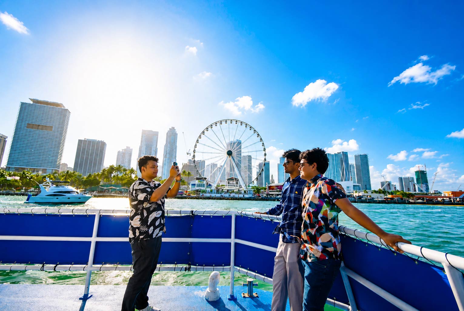 A group takes photos during their Miami City Tour and Boat Cruise. 