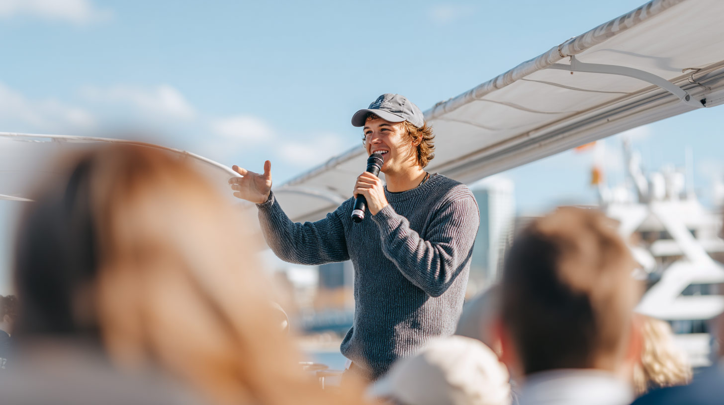 A tour guide give a full narration during the Miami Celebrity Homes Tour. 
