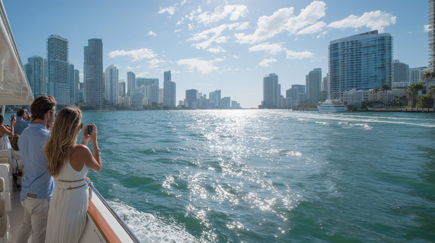 A couple looks out at Biscayne Bay during the celebrity mansions cruise. 