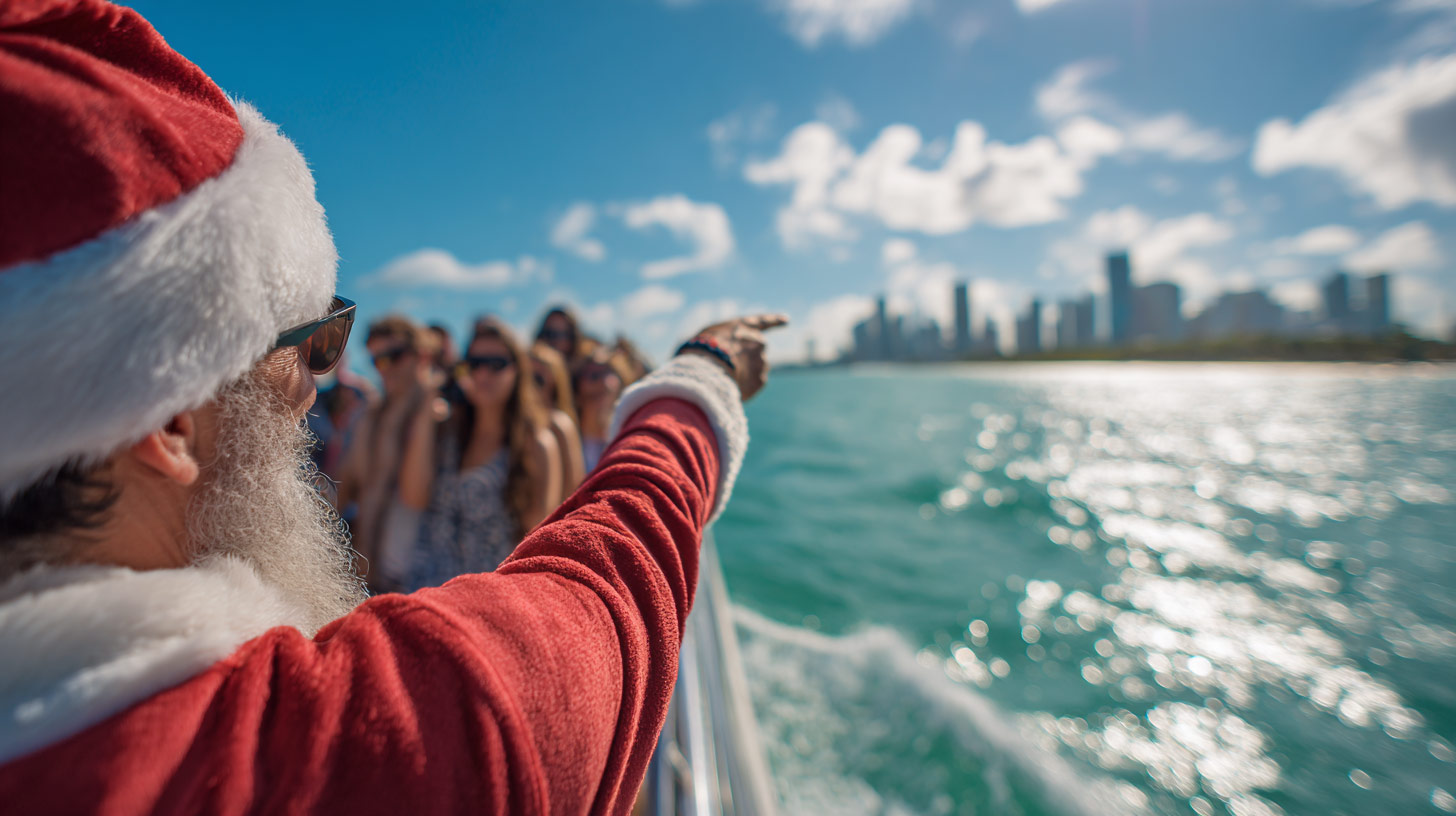 A tour guide dresses as Santa to entertain the crowd. 